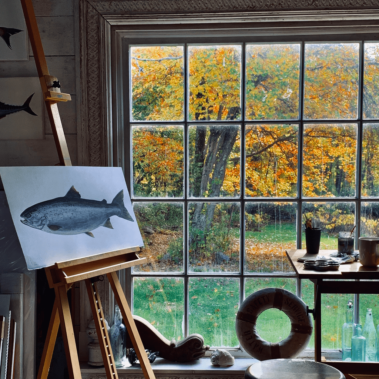Painting of a fish in Dan's studio in the fall